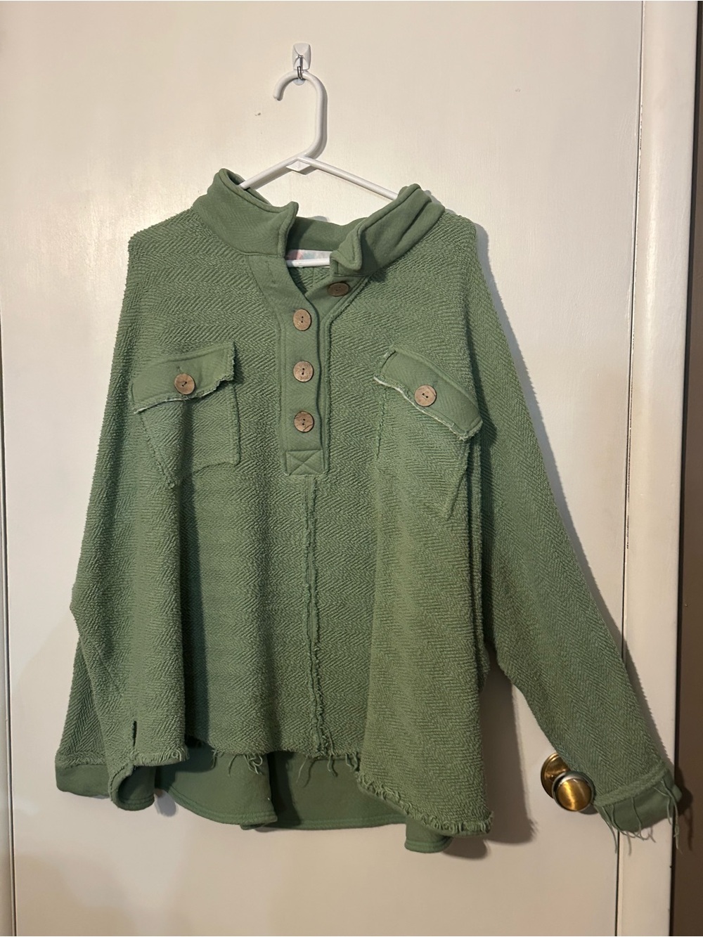 Free People Beach Rowan Pullover. Green Button-Front Women's Sweater oversized